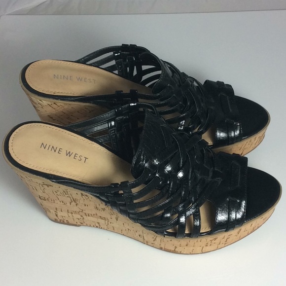 Size 8 Nine West Black Cork heeled Wedges - Picture 2 of 5